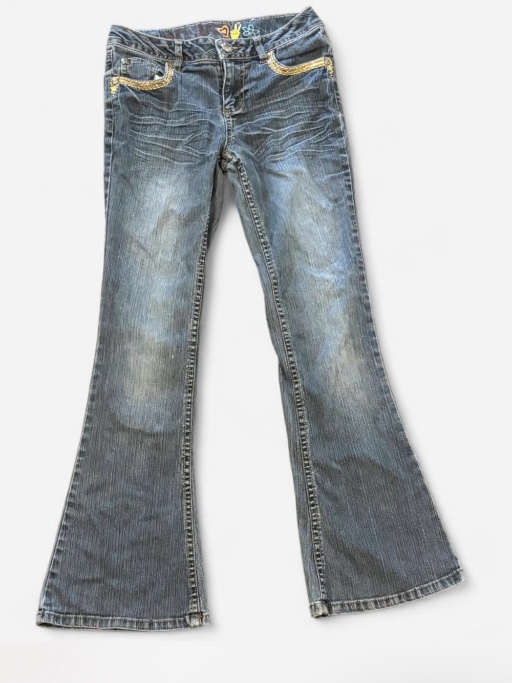 Vtg Mudd Girls Flare Jeans Size 12 Medium Wash Embellished Pockets Y2K